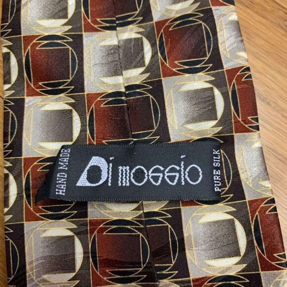 Di Moggio Men's Geometric Square Pattern Silk Neck Tie‎ Brown Metallic Designer